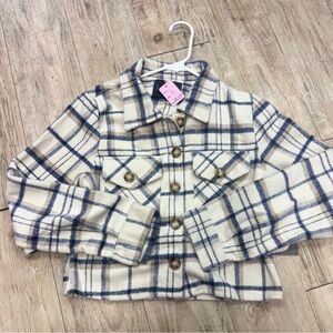 Plaid women’s button-down, crop flannel, Jacket in Cream gray and Blue